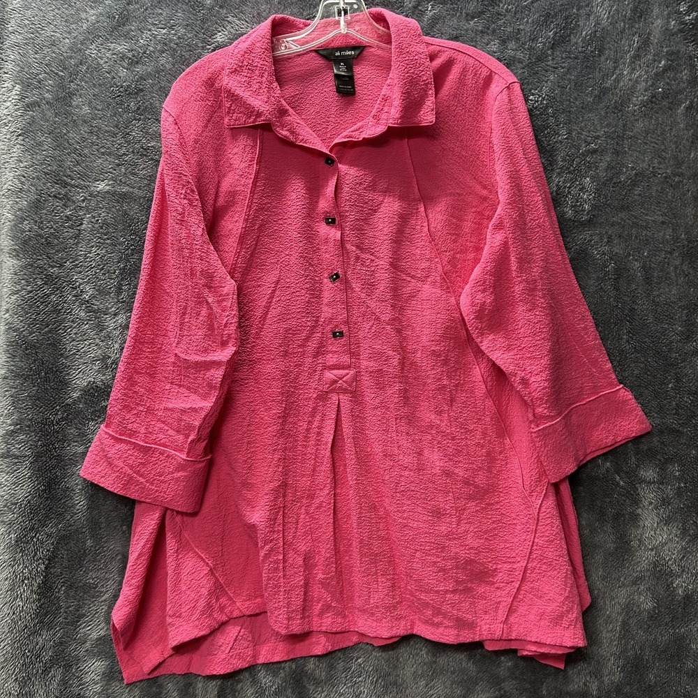 Ali Miles Womens Size XL Pink 3/4 Sleeve Button Down Blouse Top (J12)